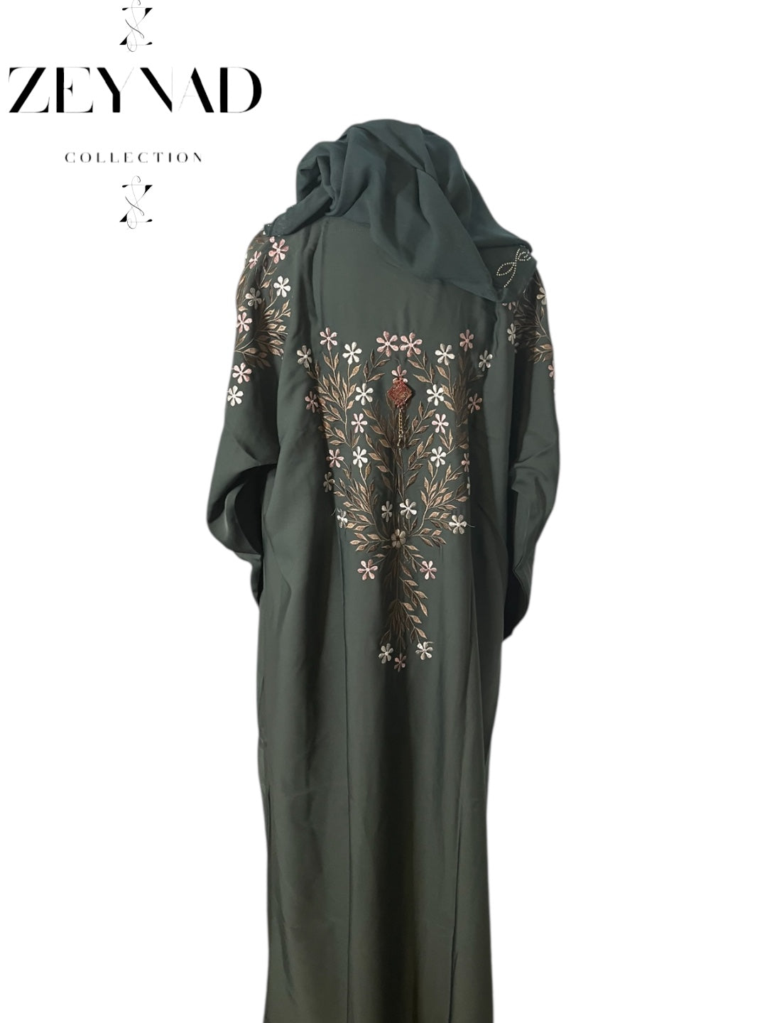 Earth green arm & back detailed flower abaya