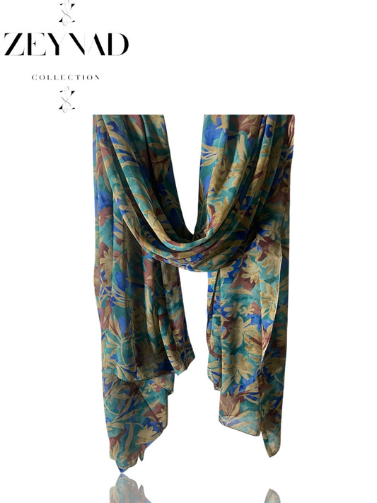 Floral blue & green garden chiffon hijab