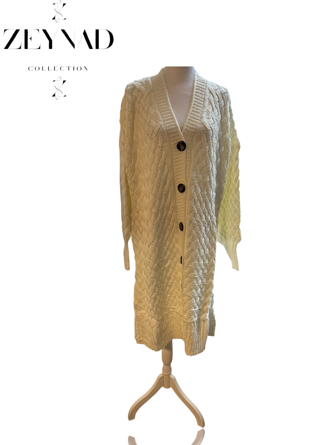 ZEYNAD winter buttoned mid-length white cardigan