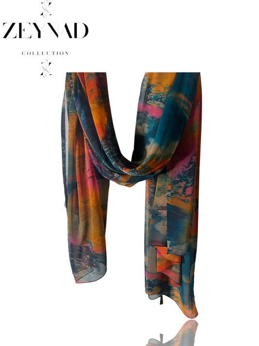 Oceanic Orange & sea blue blaze chiffon hijab