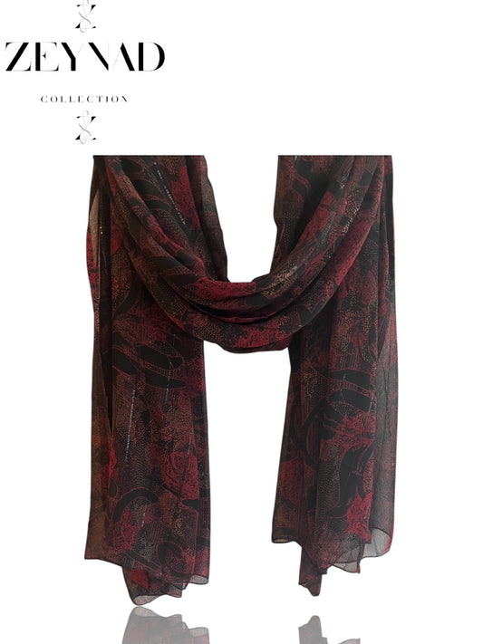 Sable red & black lined chiffon hijab