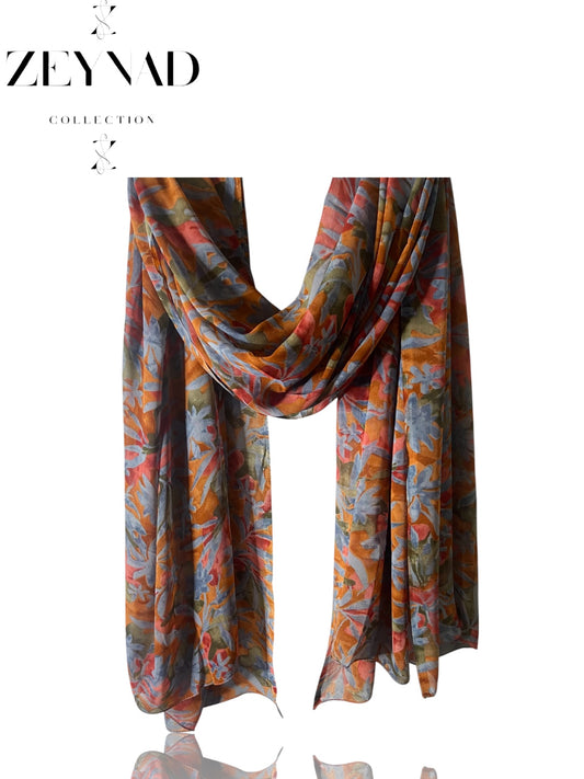 Floral grey & orange garden chiffon hijab