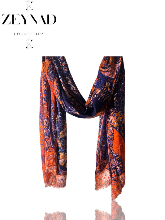 Orange & Navy End String Design Hijab