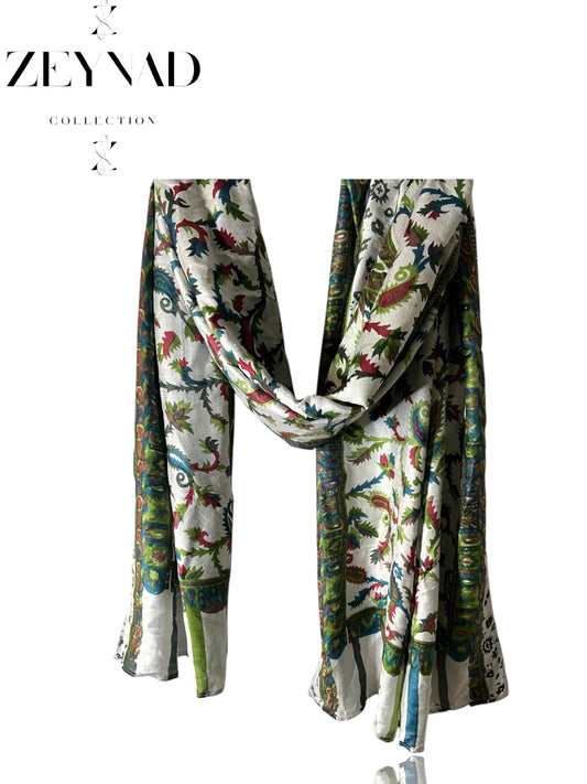 Green & White Branch End String Hijab