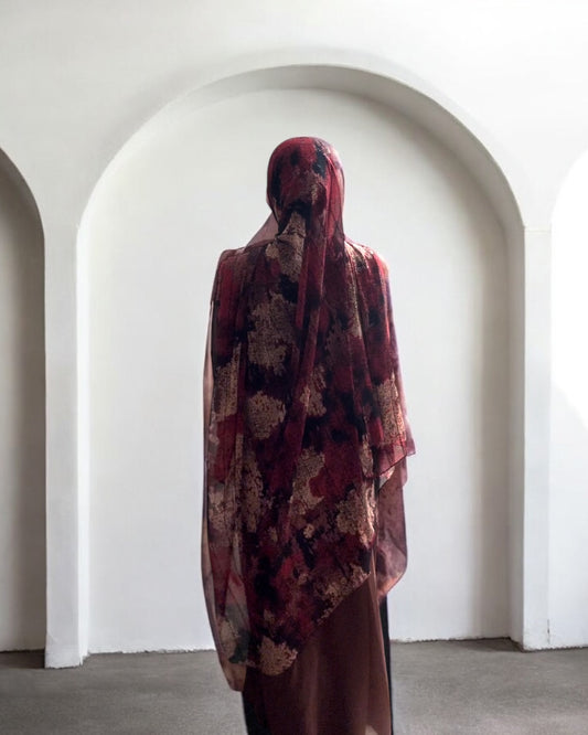 Fire Crimson Beige Mirage Chiffon Hijab