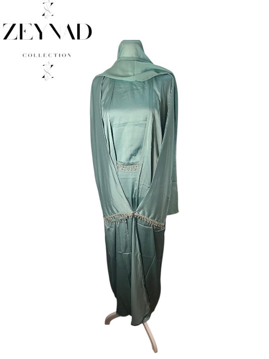 Sparkling Plain Teal Abaya 4 Pc Set