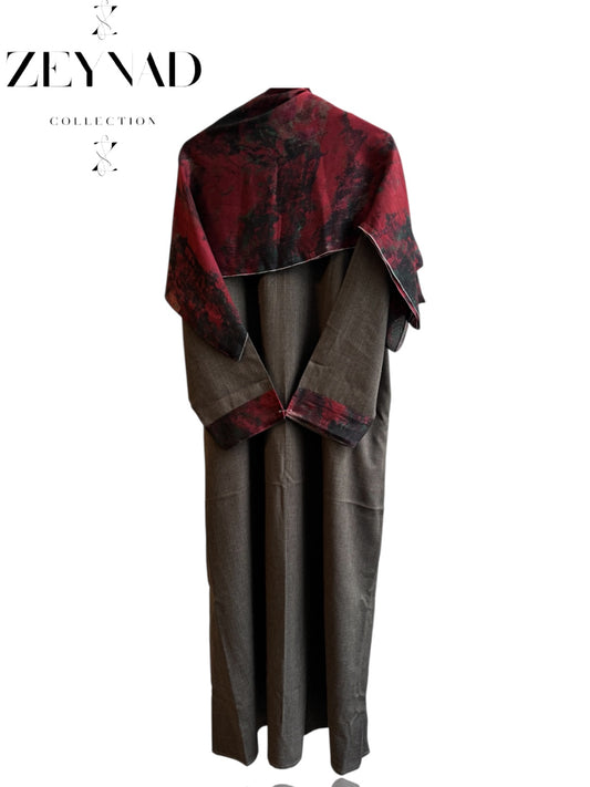Dark grey & red black matching dress & hijab set