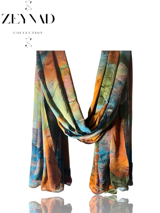 Vivid Orange & Blue Watercolor Chiffon Hijab