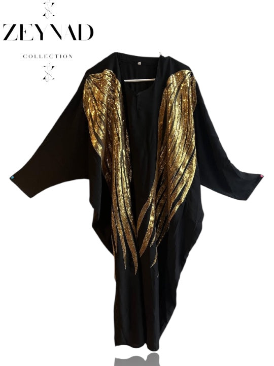 Flying wings Black & Gold Closed Abaya with Scarf