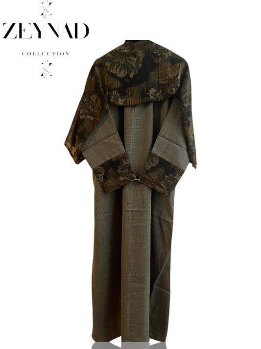 Intense green-brown flower matching dress & hijab set