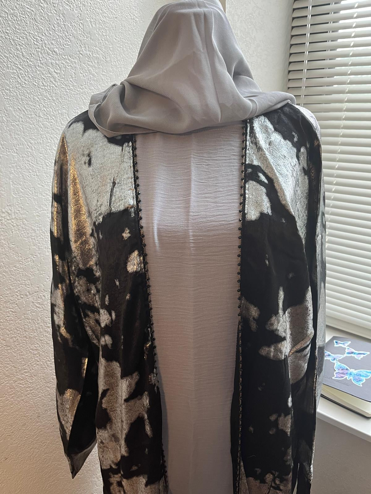 Premium Black & Silver 3 Pc Abaya with Scarf & Underdress