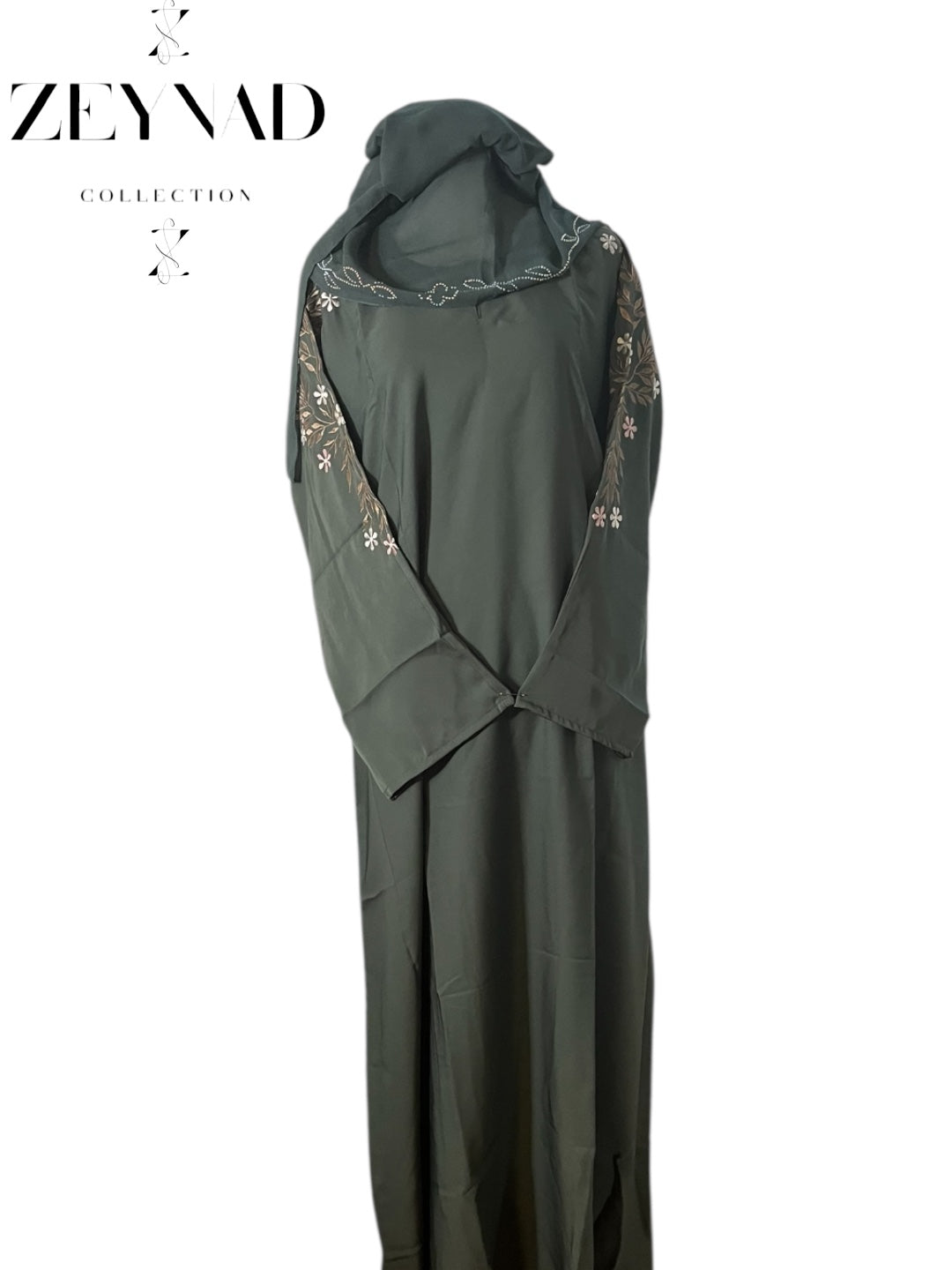 Earth green arm & back detailed flower abaya