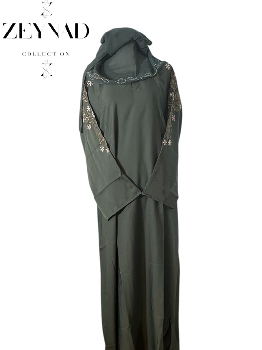 Earth green arm & back detailed flower abaya