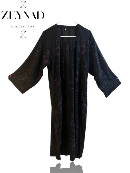 Premium Chiffon Black & Purple Closed Abaya