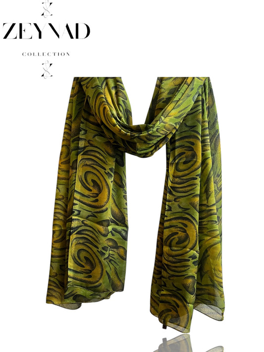Intense light sun green & olive black swirl chiffon hijab