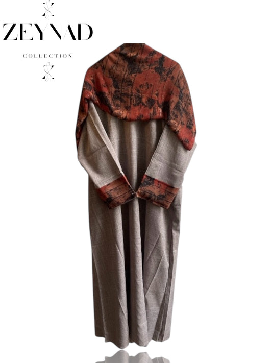 White Grey & Bold Red Lined Matching Dress & hijab Set