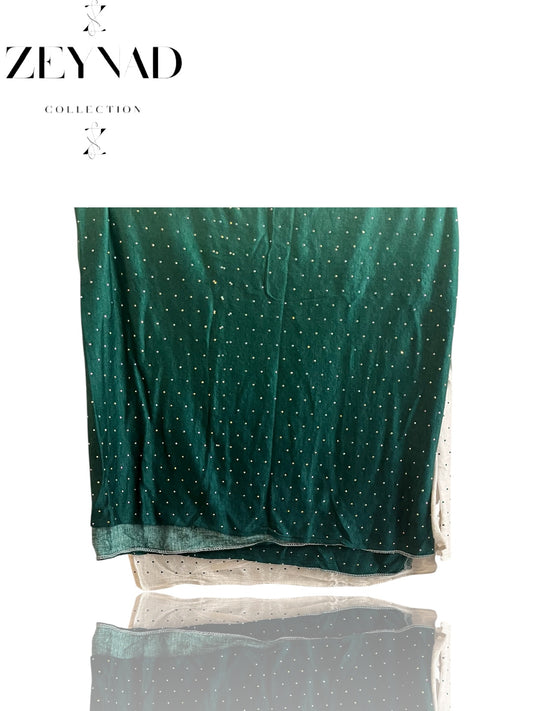Deep green & faded white rhinestone ombré jersey hijab