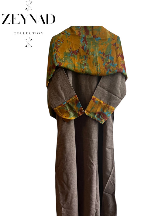 Yellow & grey camouflage matching hijab & dress set
