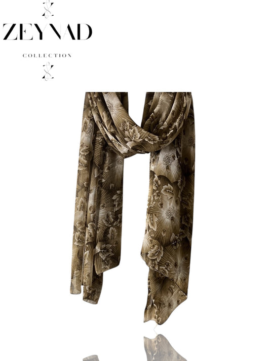 Intense vibrant floral brown mocha chiffon hijab