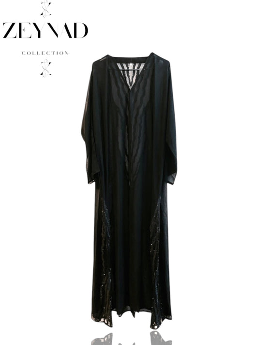 Detailed back mesh open front Abaya