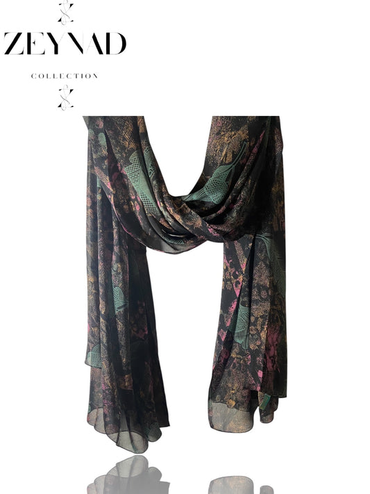 Forest teal leaf & black chiffon hijab