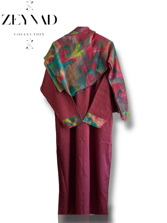 Watercolor Burgundy matching dress & hijab set