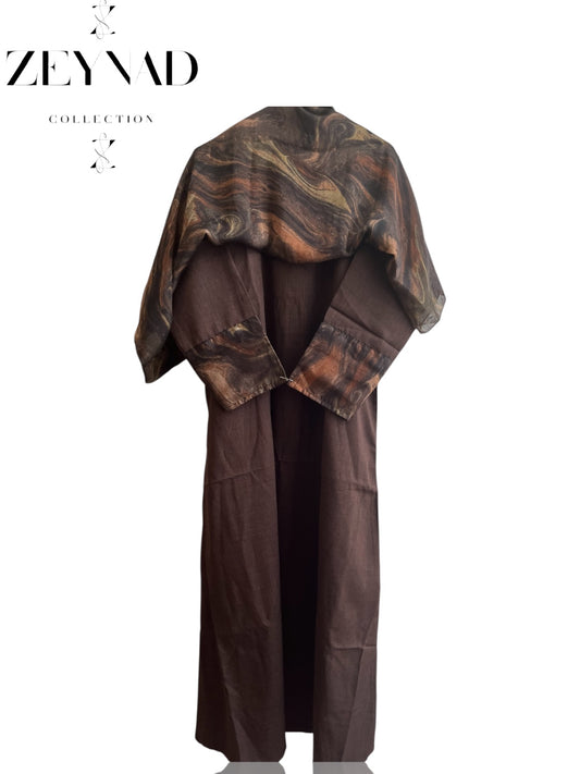 Intense brown-orange swirl matching dress & hijab set