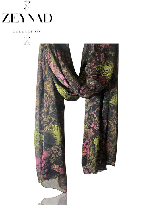 Forest neon leaf & black chiffon hijab