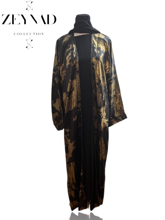 Premium Black & Gold 3 Pc Abaya with Scarf & Underdress