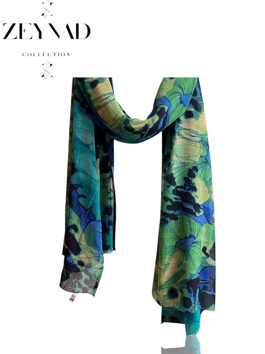 Intense electric Sun turquoise & deep blue swirl chiffon hijab