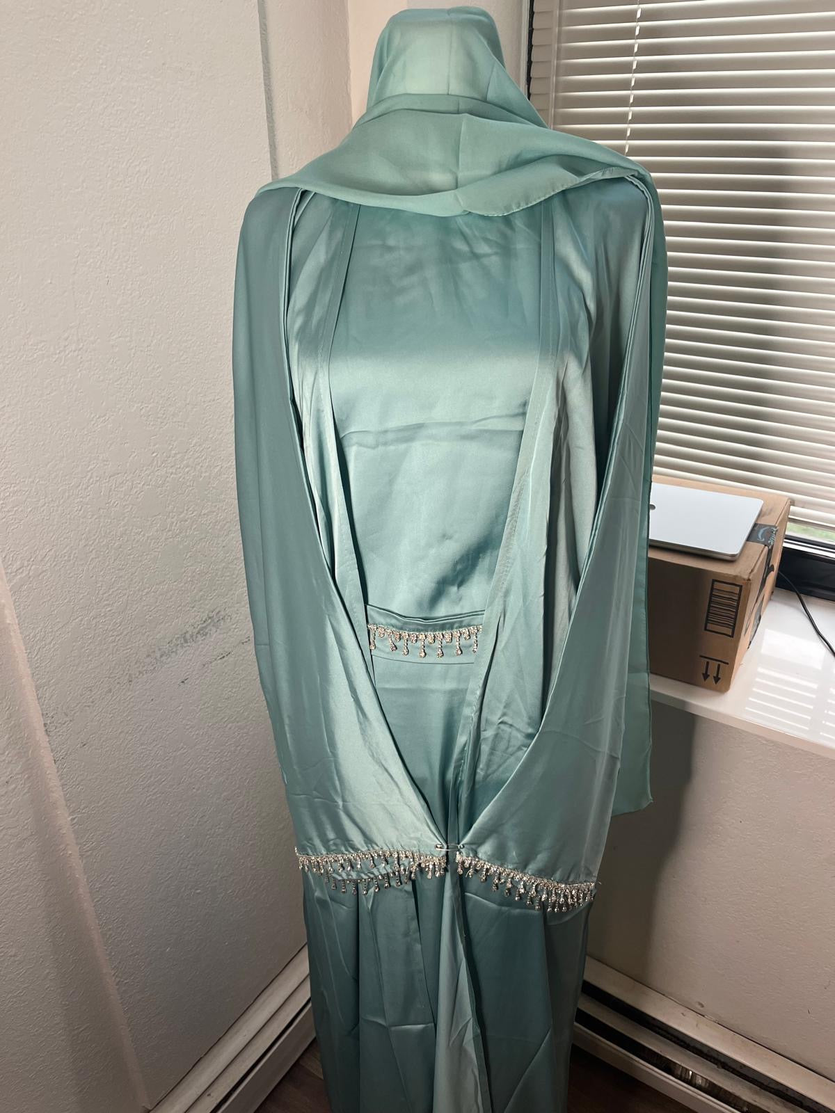Sparkling Plain Teal Abaya 4 Pc Set