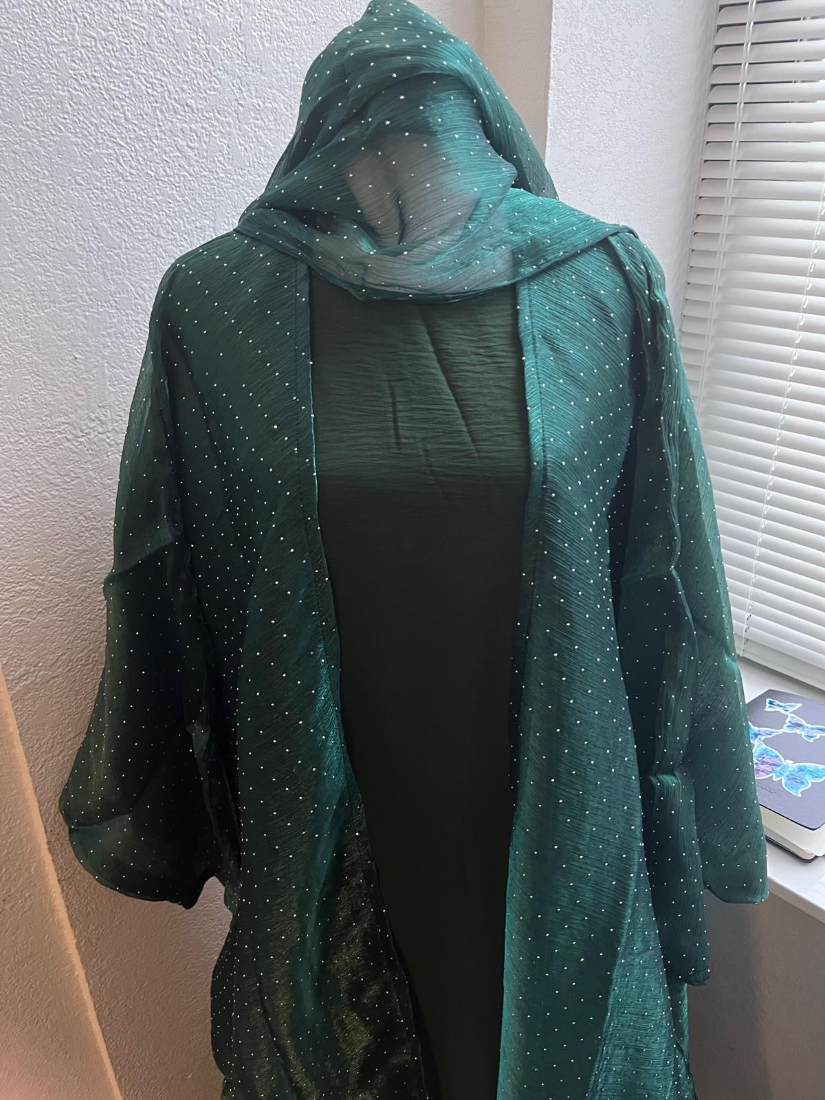 Premium Green with Sparkles 3 Pc Abaya with Scarf & Underdress
