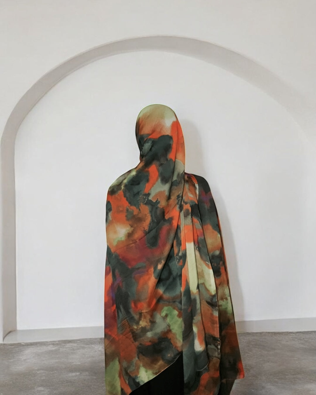 Orange & Light green Floral watercolor chiffon hijab